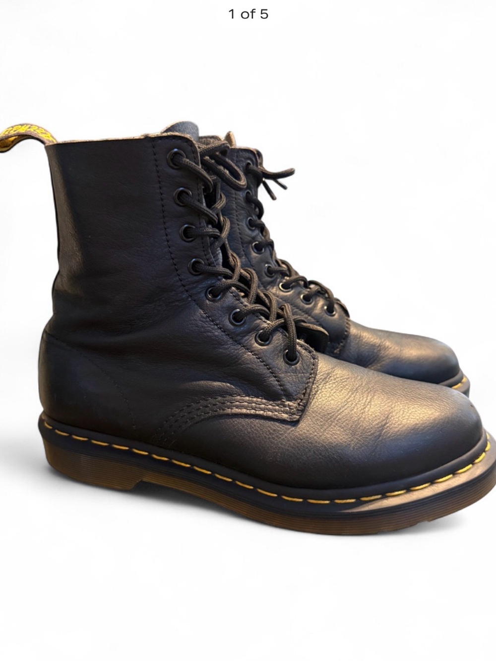 Dr. Martens Black Leather 8-Eye Lace-Up Combat Boots with Yellow Stitching